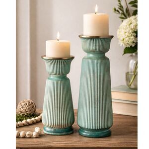 Pier 1 Ribbed Patina Aqua Candle Holders Set 2 Gold Rim 14” 11”